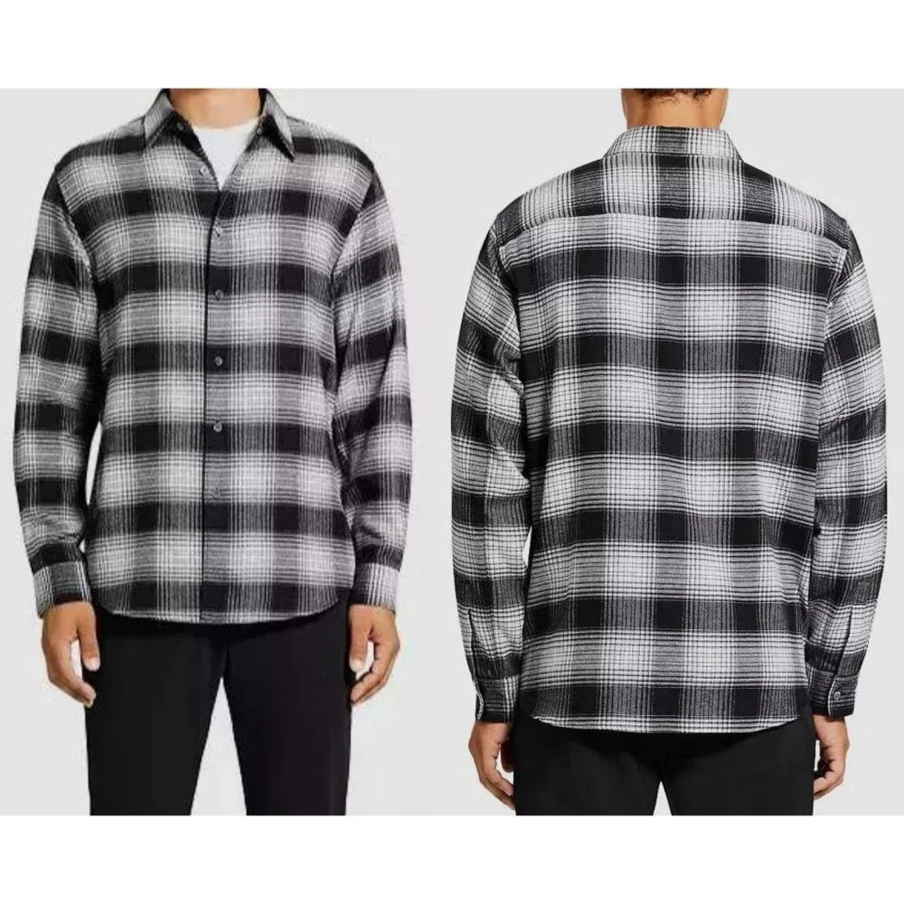 Theory Cotton Plaid Flannel Long Sleeve Button-Down Shirt black 29726